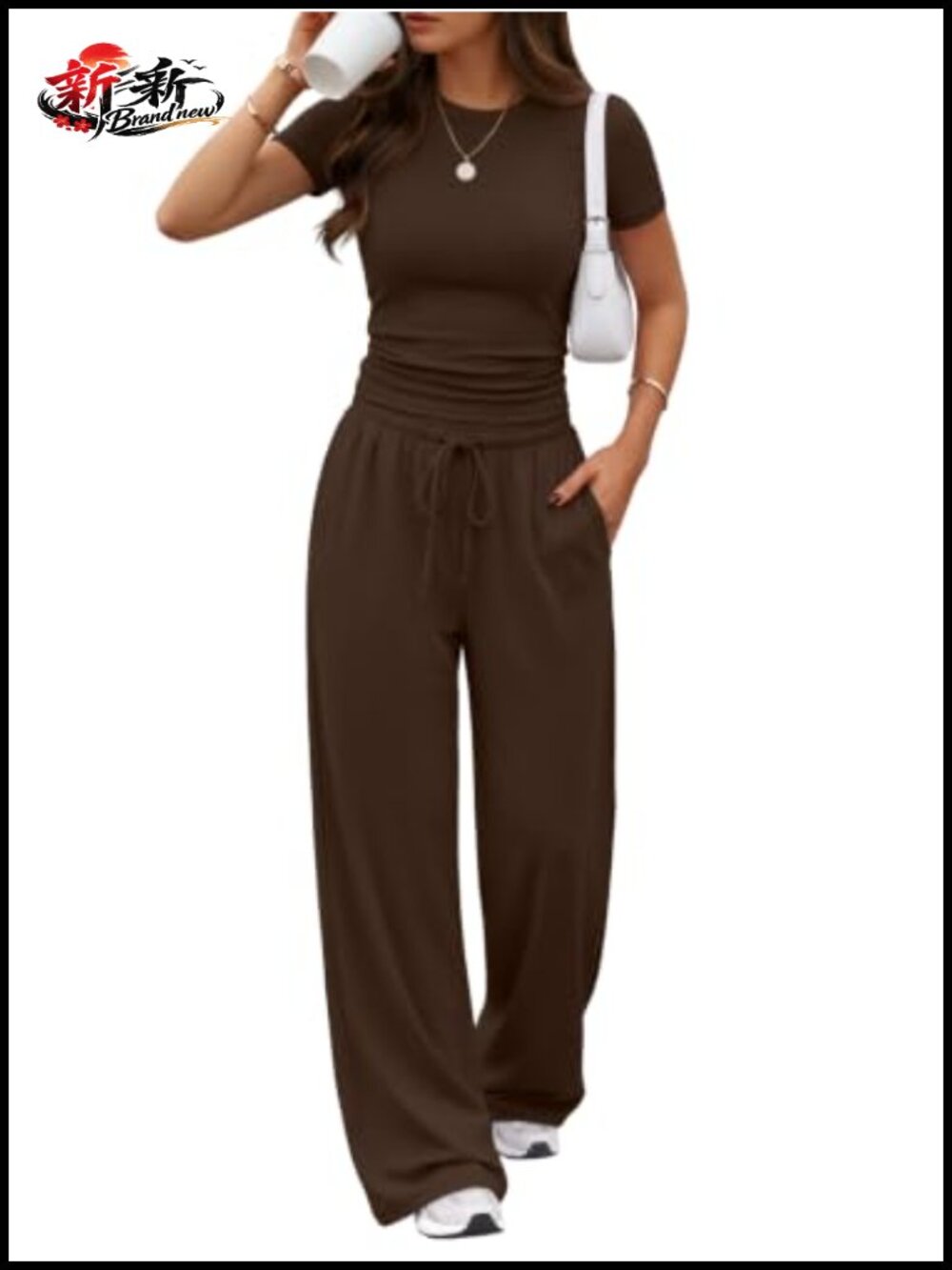 Women's 2 Piece Lounge Set Short Sleeve Wide Leg Pants with Pockets